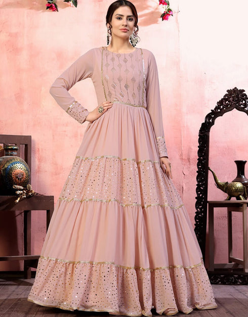 Pink Anarkali style Gown Georgette Salwar Kameez in Embroidery, Sequins & Lace Work