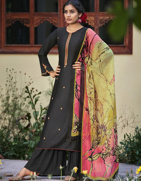 Black Sharara style Suit Pure Silk Salwar Kameez in Embroidery, Digital Print & Lace Work