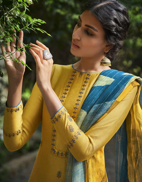 Yellow Pant style Suit Pure Silk Salwar Kameez in Embroidery, Digital Print & Lace Work Closure View