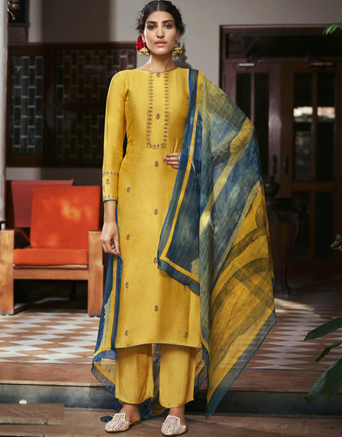 Yellow Pant style Suit Pure Silk Salwar Kameez in Embroidery, Digital Print & Lace Work