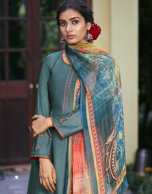Blue Pant style Suit Pure Silk Salwar Kameez in Embroidery, Digital Print & Lace Work Closure View