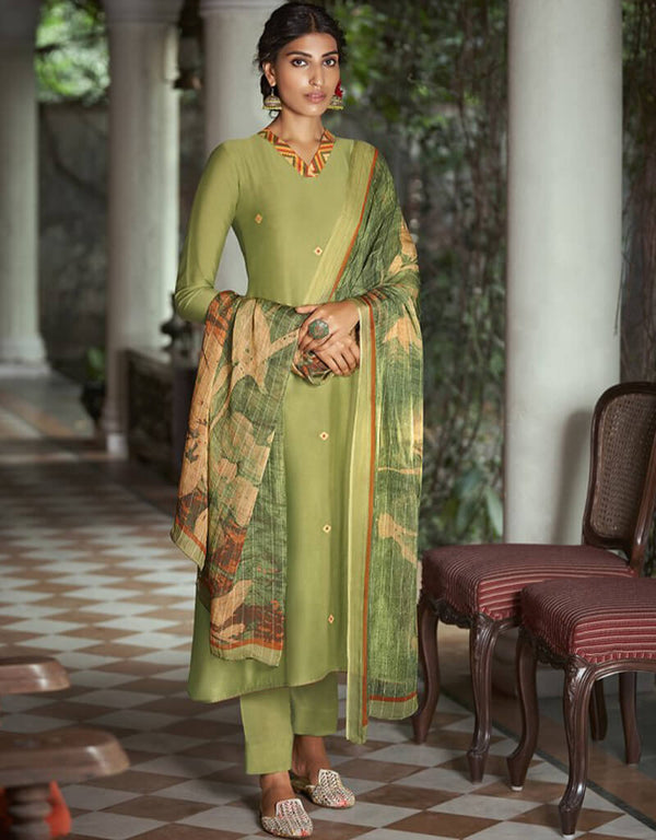 Green Pant style Suit Pure Silk Salwar Kameez in Embroidery, Digital Print & Lace Work