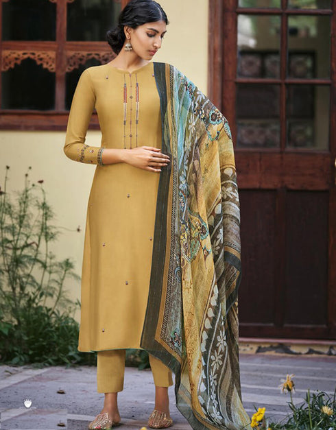 Yellow Pant style Suit Pure Silk Salwar Kameez in Embroidery, Digital Print & Lace Work