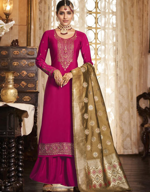 Pink Palazzo style Suit Crepe Silk Salwar Kameez in Embroidery, Jacquard Print & Lace Work