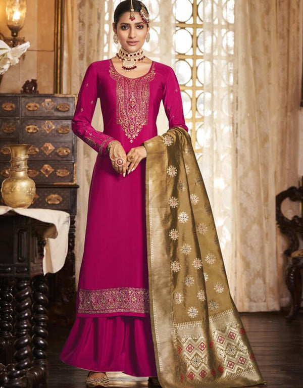 Pink Palazzo style Suit Crepe Silk Salwar Kameez in Embroidery, Jacquard Print & Lace Work