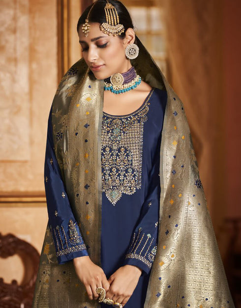 Blue Chudidar style Suit Crepe Silk Salwar Kameez in Embroidery, Jacquard Print & Lace Work Closure View