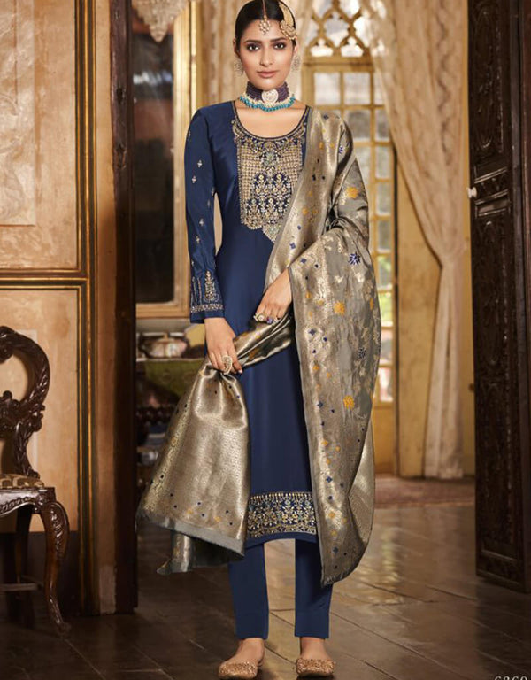 Blue Chudidar style Suit Crepe Silk Salwar Kameez in Embroidery, Jacquard Print & Lace Work