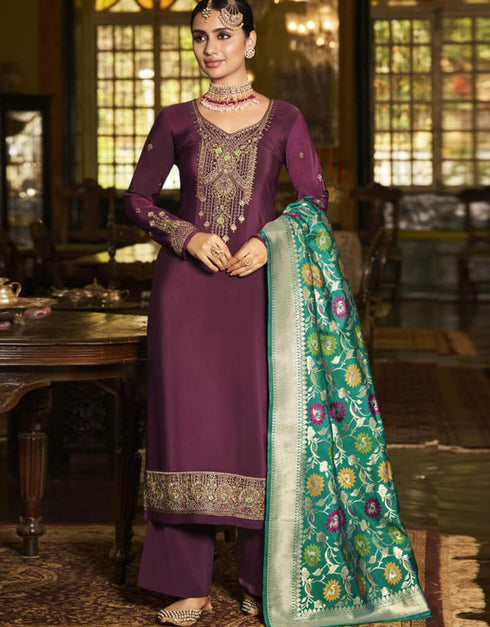 Purple Palazzo style Suit Crepe Silk Salwar Kameez in Embroidery, Jacquard Print & Lace Work