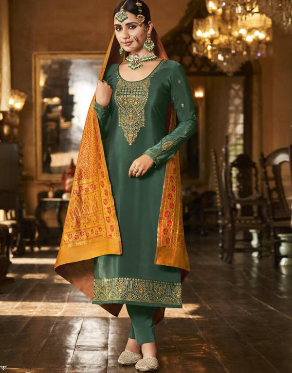 Green Chudidar style Suit Crepe Silk Salwar Kameez in Embroidery, Jacquard Print & Lace Work
