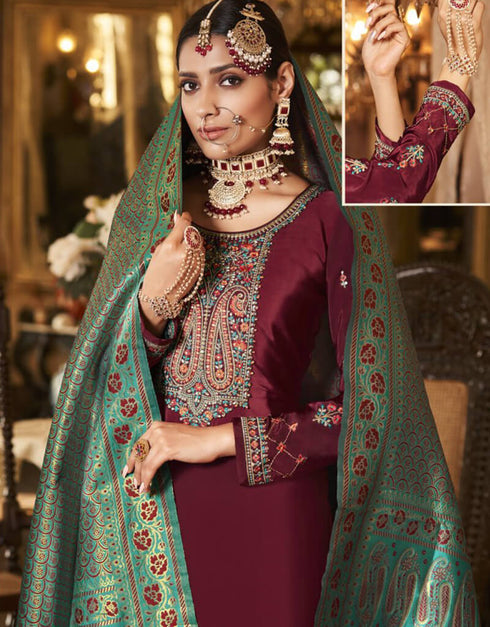 Red Palazzo style Suit Crepe Silk Salwar Kameez in Embroidery, Jacquard Print & Lace Work Closure View