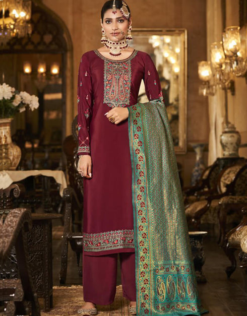 Red Palazzo style Suit Crepe Silk Salwar Kameez in Embroidery, Jacquard Print & Lace Work
