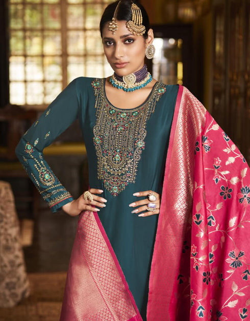 Blue Palazzo style Suit Crepe Silk Salwar Kameez in Embroidery, Jacquard Print & Lace Work Closure View