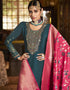 Blue Palazzo style Suit Crepe Silk Salwar Kameez in Embroidery, Jacquard Print & Lace Work Closure View