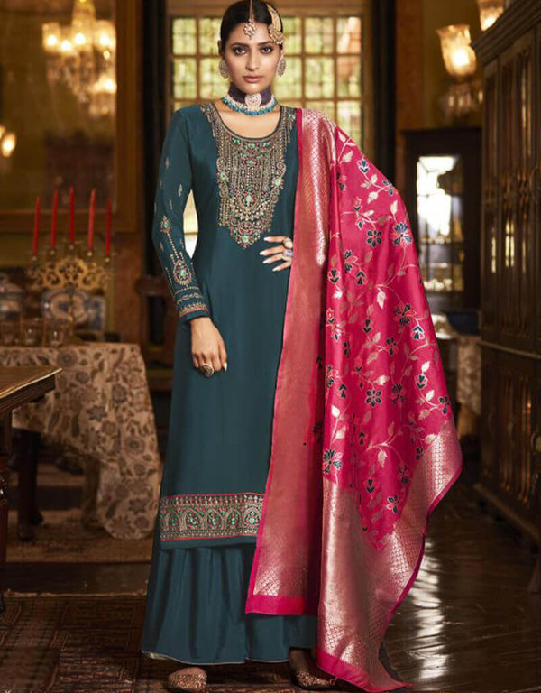 Blue Palazzo style Suit Crepe Silk Salwar Kameez in Embroidery, Jacquard Print & Lace Work