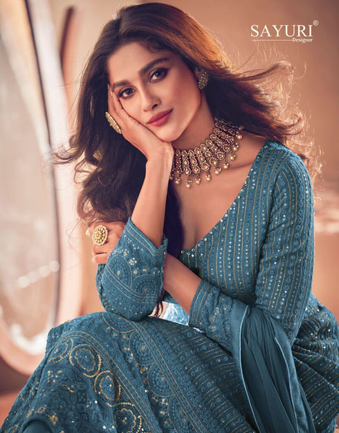 Blue Anarkali style Dress Real Georgette Salwar Kameez in Embroidery, Sequins and Lace Work Closure View