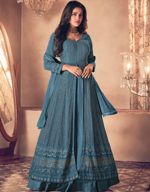 Blue Anarkali style Dress Real Georgette Salwar Kameez in Embroidery, Sequins and Lace Work