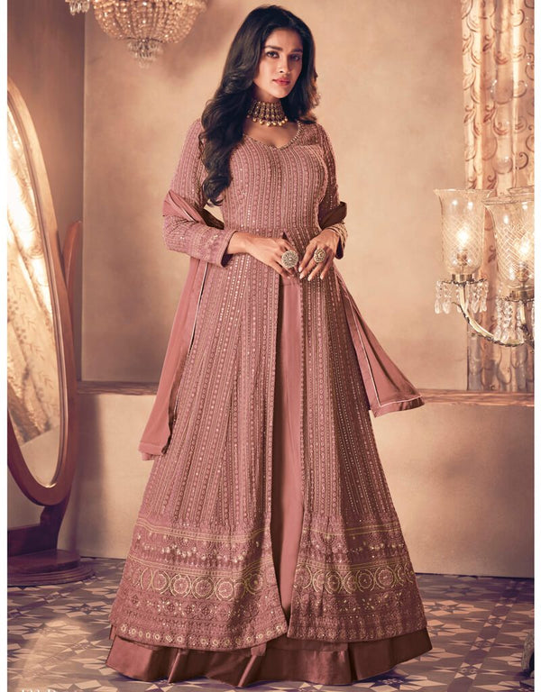 Rose Brown Anarkali style Dress Real Georgette Salwar Kameez in Embroidery, Sequins and Lace Work