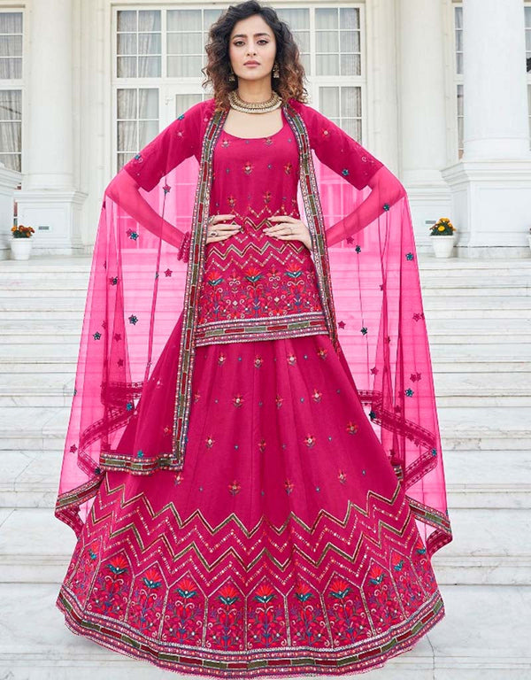 Pink Lehenga style Suit Semi-Stitched Lehenga Choli Salwar Kameez in Embroidery, Gota Patti, Sequins & Lace Work