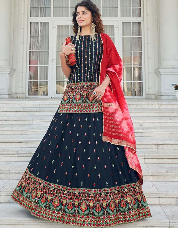 Blue Lehenga style Suit Semi-Stitched Lehenga Choli Salwar Kameez in Embroidery, Gota Patti, Sequins & Lace Work