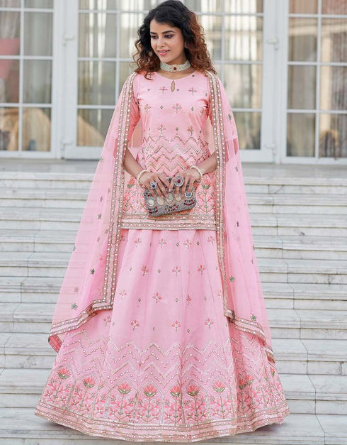 Rose Pink Lehenga style Suit Semi-Stitched Lehenga Choli Salwar Kameez in Embroidery, Gota Patti, Sequins & Lace Work