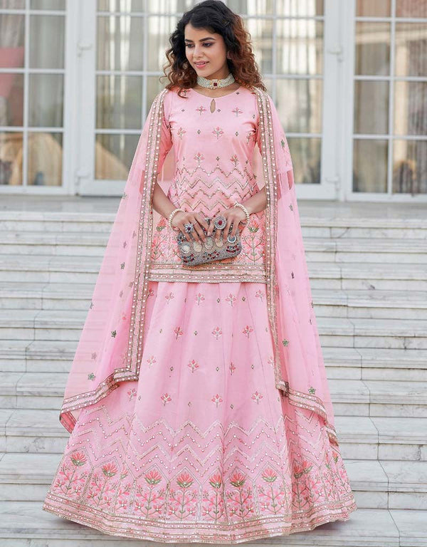 Rose Pink Lehenga style Suit Semi-Stitched Lehenga Choli Salwar Kameez in Embroidery, Gota Patti, Sequins & Lace Work
