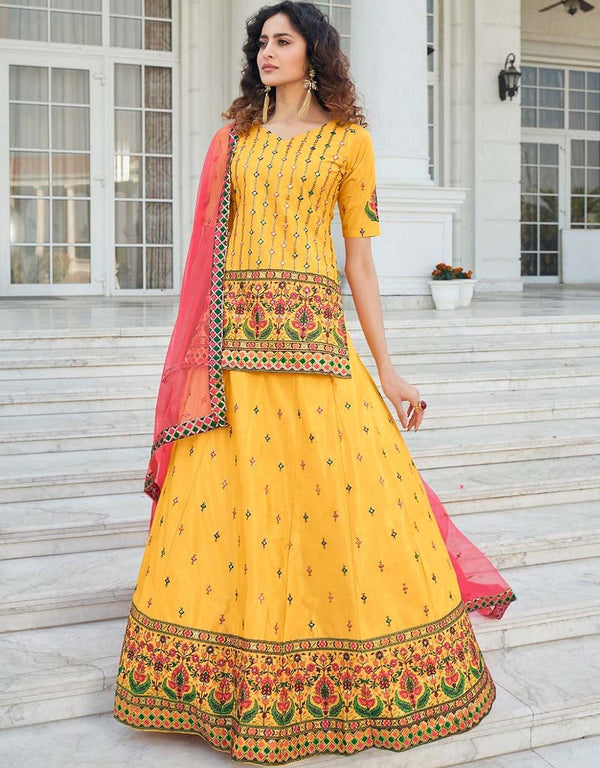 Yellow Lehenga style Suit Semi-Stitched Lehenga Choli Salwar Kameez in Embroidery, Gota Patti, Sequins & Lace Work