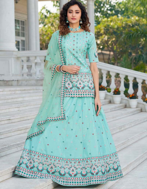 Sky Blue Lehenga style Suit Semi-Stitched Lehenga Choli Salwar Kameez in Embroidery, Gota Patti, Sequins & Lace Work