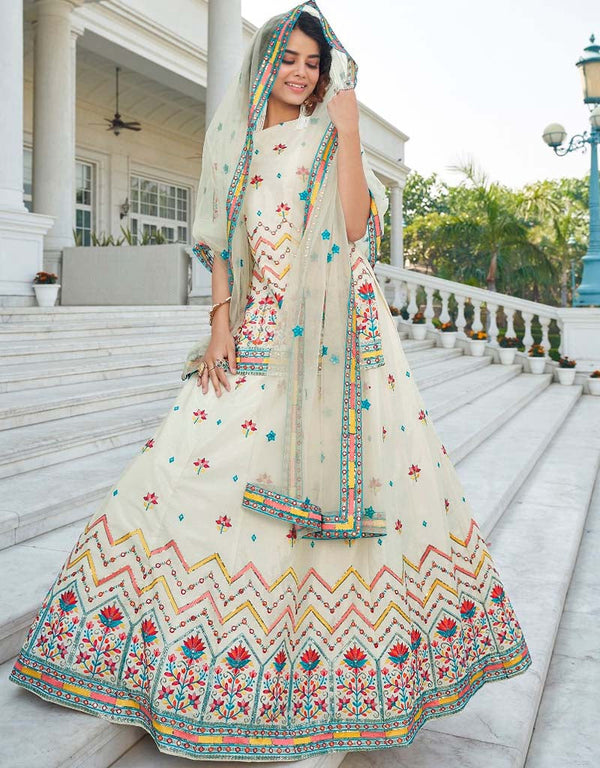 White Lehenga style Suit Semi-Stitched Lehenga Choli Salwar Kameez in Embroidery, Gota Patti, Sequins & Lace Work