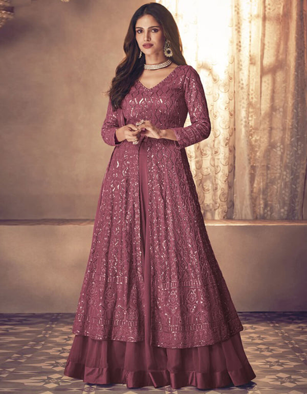 Dusty Pink Lehenga style Suit Faux Georgette Salwar Kameez in Embroidery, Sequins & Lace Work