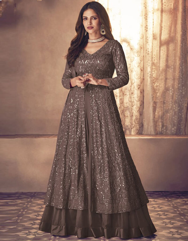 saddle Lehenga style Suit Faux Georgette Salwar Kameez in Embroidery, Sequins & Lace Work