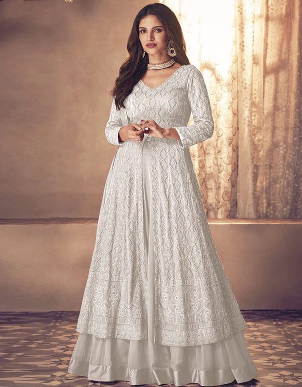 White Lehenga style Suit Faux Georgette Salwar Kameez in Embroidery, Sequins & Lace Work