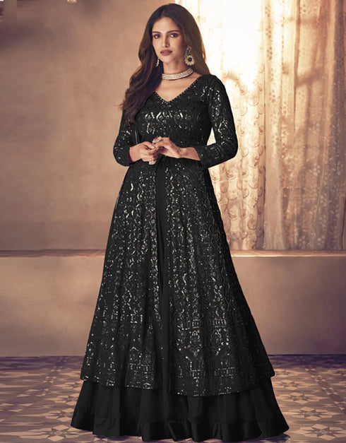 Black Lehenga style Suit Faux Georgette Salwar Kameez in Embroidery, Sequins & Lace Work
