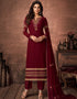 Maroon Pant style Suit Faux Georgette Salwar Kameez in Embroidery, Stone & Lace Work