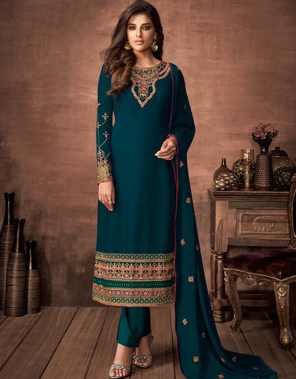 Dark Rama Pant style Suit Faux Georgette Salwar Kameez in Embroidery, Stone & Lace Work