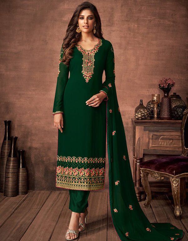 Dark Green Pant style Suit Faux Georgette Salwar Kameez in Embroidery, Stone & Lace Work