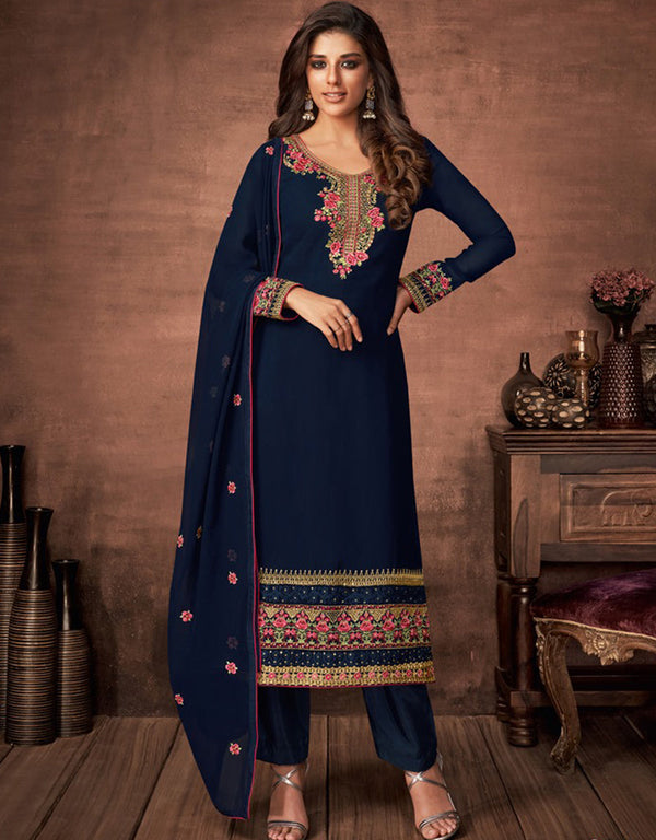 Navy Blue Pant style Suit Faux Georgette Salwar Kameez in Embroidery, Stone & Lace Work