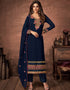 Navy Blue Pant style Suit Faux Georgette Salwar Kameez in Embroidery, Stone & Lace Work