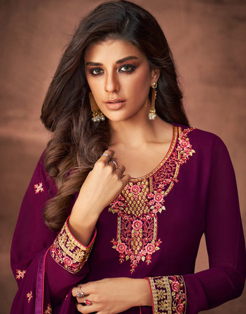 Purple Pant style Suit Faux Georgette Salwar Kameez in Embroidery, Stone & Lace Work Closure View