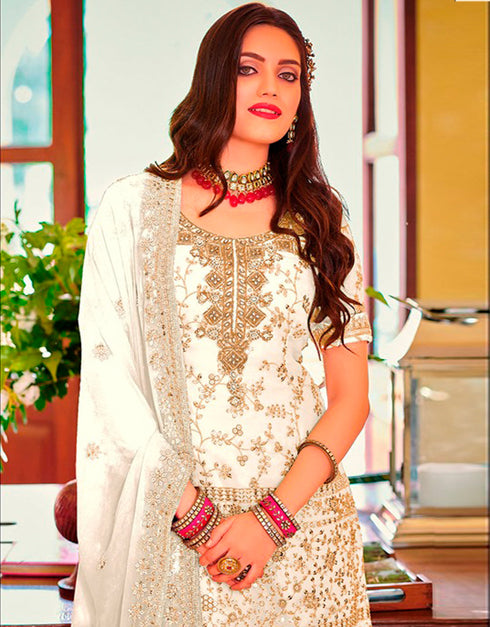 White Sharara style Suit Faux Georgette Salwar Kameez in Embroidery, Sequins & Lace Work Closure View