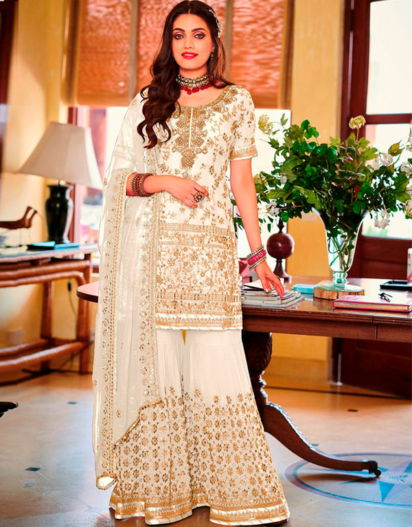 White Sharara style Suit Faux Georgette Salwar Kameez in Embroidery, Sequins & Lace Work