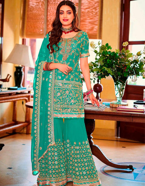 Sky Blue Sharara style Suit Faux Georgette Salwar Kameez in Embroidery, Sequins & Lace Work