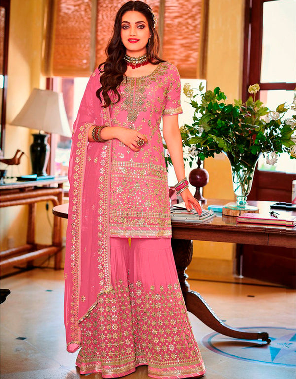 Rose Pink Sharara style Suit Faux Georgette Salwar Kameez in Embroidery, Sequins & Lace Work