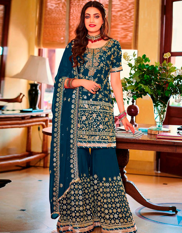 Navy Blue Sharara style Suit Faux Georgette Salwar Kameez in Embroidery, Sequins & Lace Work