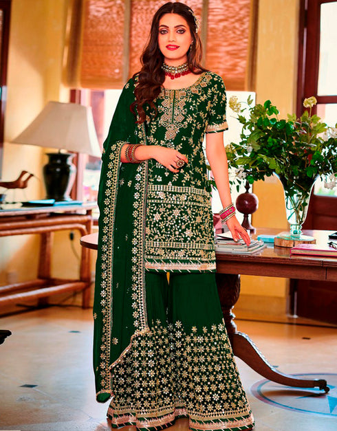 Green Sharara style Suit Faux Georgette Salwar Kameez in Embroidery, Sequins & Lace Work