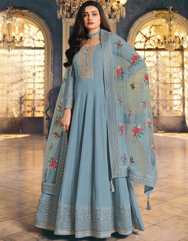 Light Blue Anarkali style Anarkali Dola Silk Salwar Kameez in Cording Embroidery & Lace Work