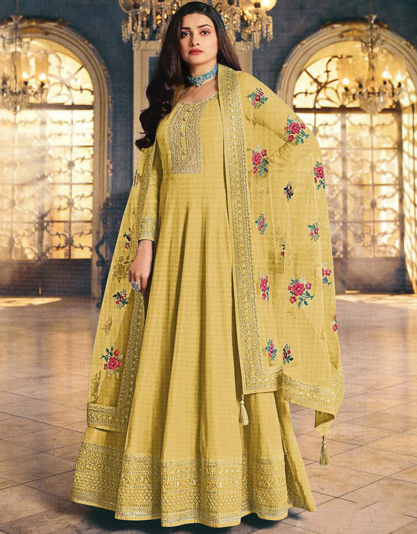 Dusty Yellow Anarkali style Anarkali Dola Silk Salwar Kameez in Cording Embroidery & Lace Work
