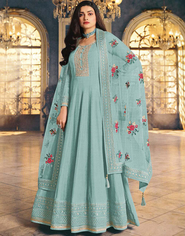 Light Sky blue Anarkali style Anarkali Dola Silk Salwar Kameez in Cording Embroidery & Lace Work