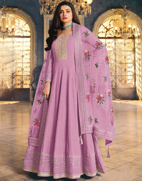 Light Purple Anarkali style Anarkali Dola Silk Salwar Kameez in Cording Embroidery & Lace Work