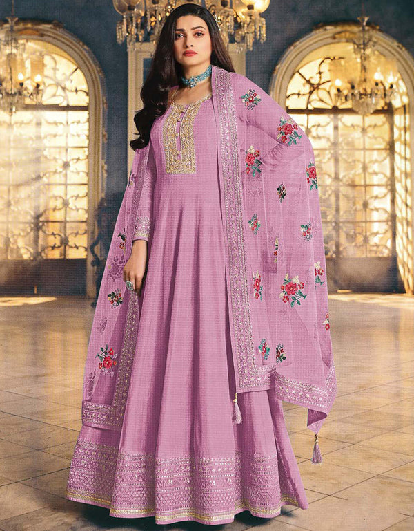 Light Purple Anarkali style Anarkali Dola Silk Salwar Kameez in Cording Embroidery & Lace Work
