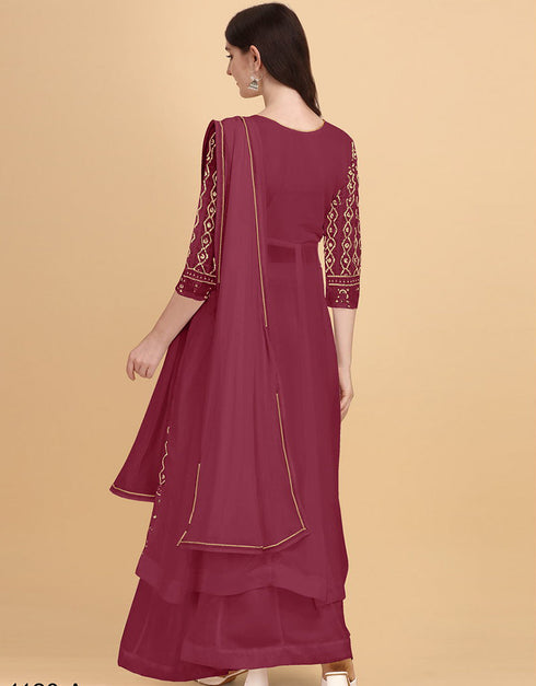 Light Maroon Palazzo style Dress Faux Georgette Salwar Kameez in Heavy Sequins Embroidery & Lace Work Closure View